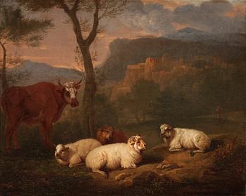 1103. Govaert (Gabriel) van der Leeuw, Cow and sheep resting in a landscape.