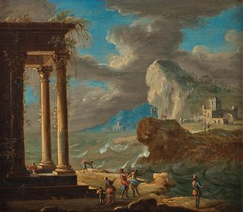 591. Italian school 18th Century. Capriccio with figures at a temple.