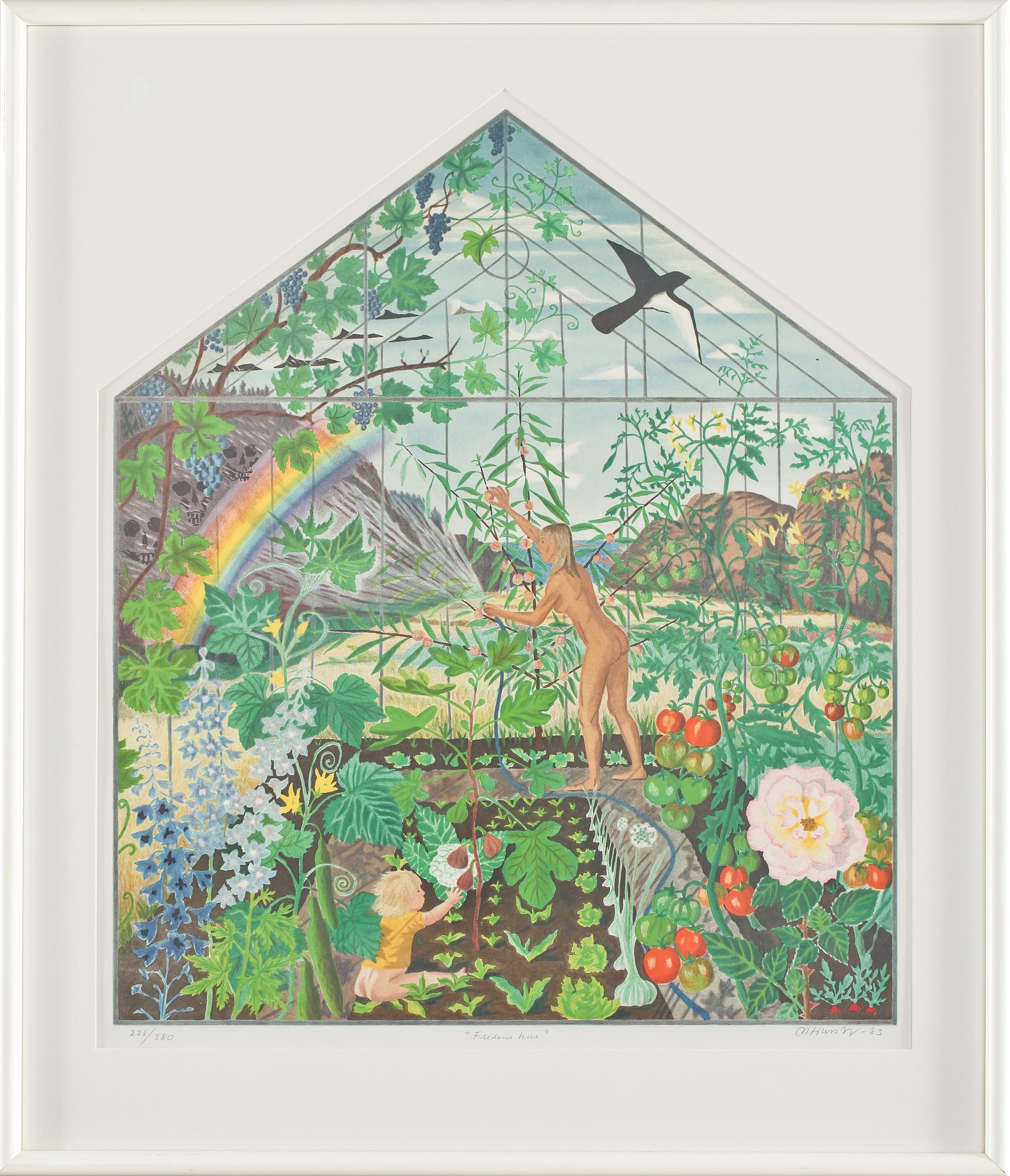 MONA HUSS WALLIN, "Fredens hus", färglitografi, signerad, daterad -83 och numrerad 278/380.