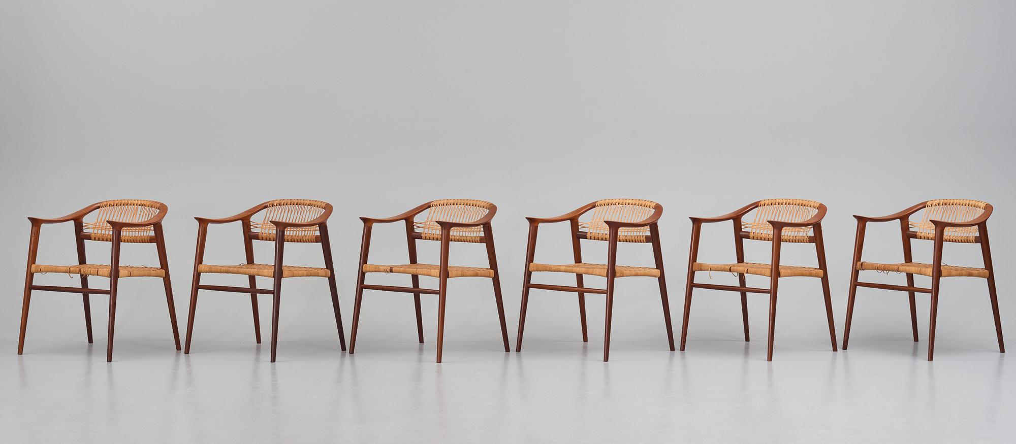 Adolf Relling & Sigurd Resell, karmstolar 6 st., "55 Bambi", Gustav Bahus eft. för Rastad & Relling, Norge 1950-60-tal.