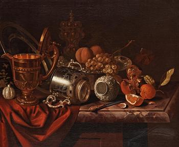 1084. Pieter Gerritsz. van Roestraten, Still life with fruits, a knife and trophies.