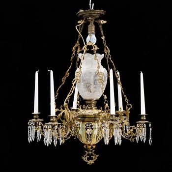 An Oscarian maiolica and brass five-light chandelier, ca. 1900.