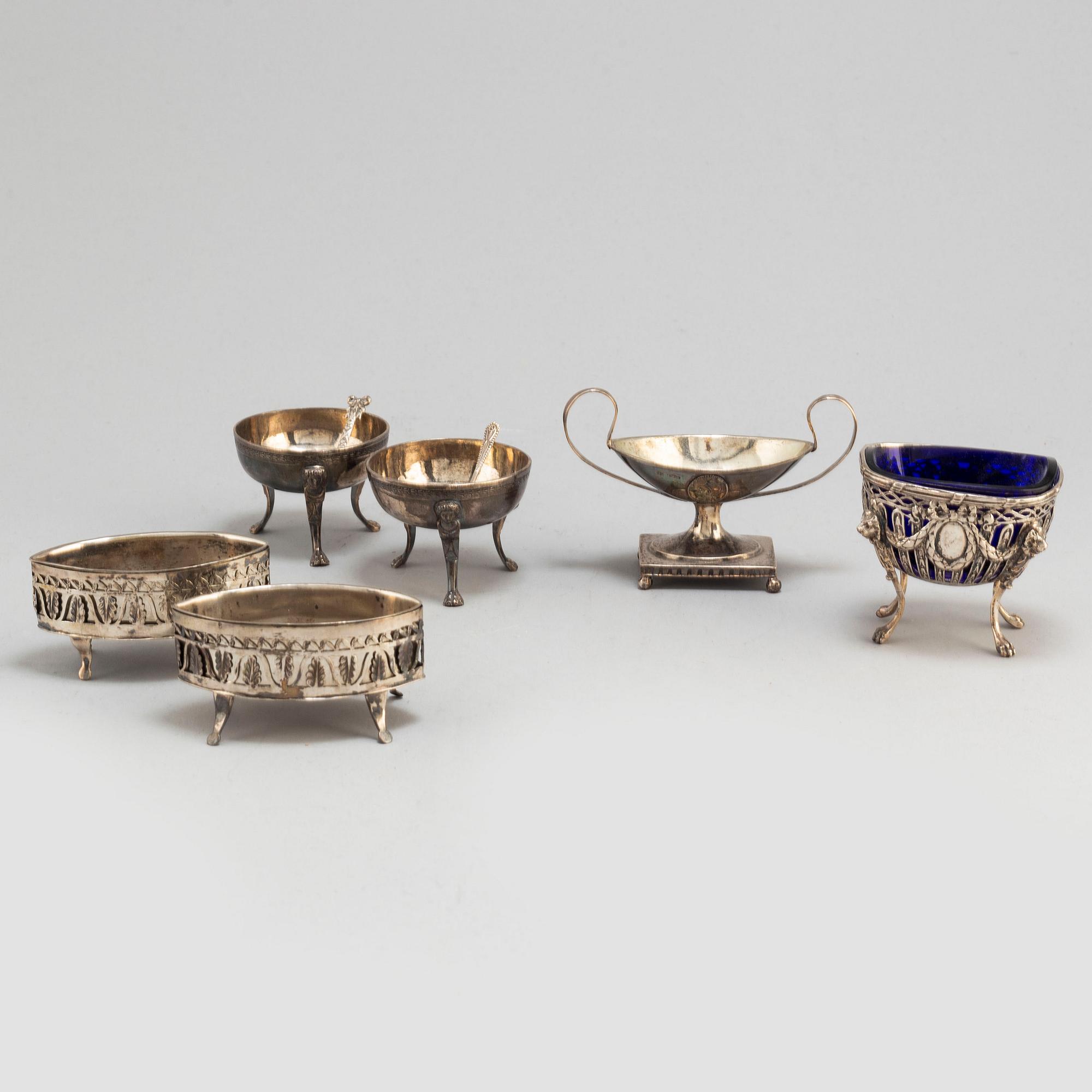 Six silver salt cellars, 19th century.