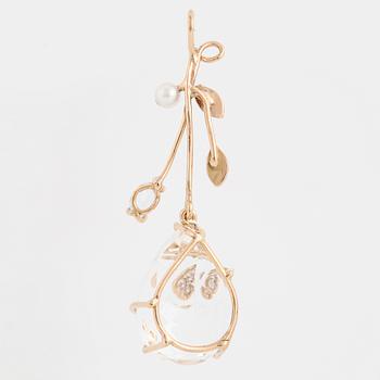 Rock crystal, aquamarine, pearl and diamond pendant.