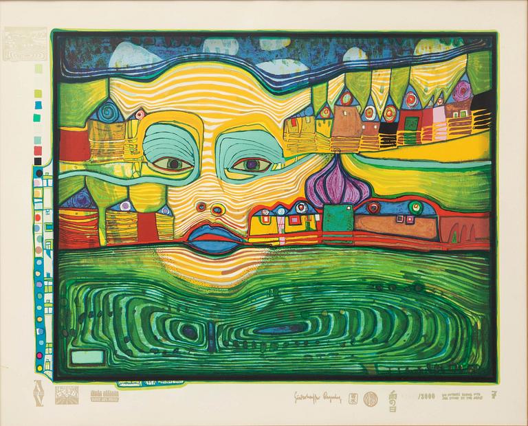 Friedensreich Hundertwasser, "Irinaland above the Balkans," plate no. 7 from "Rain on Rainy Day".