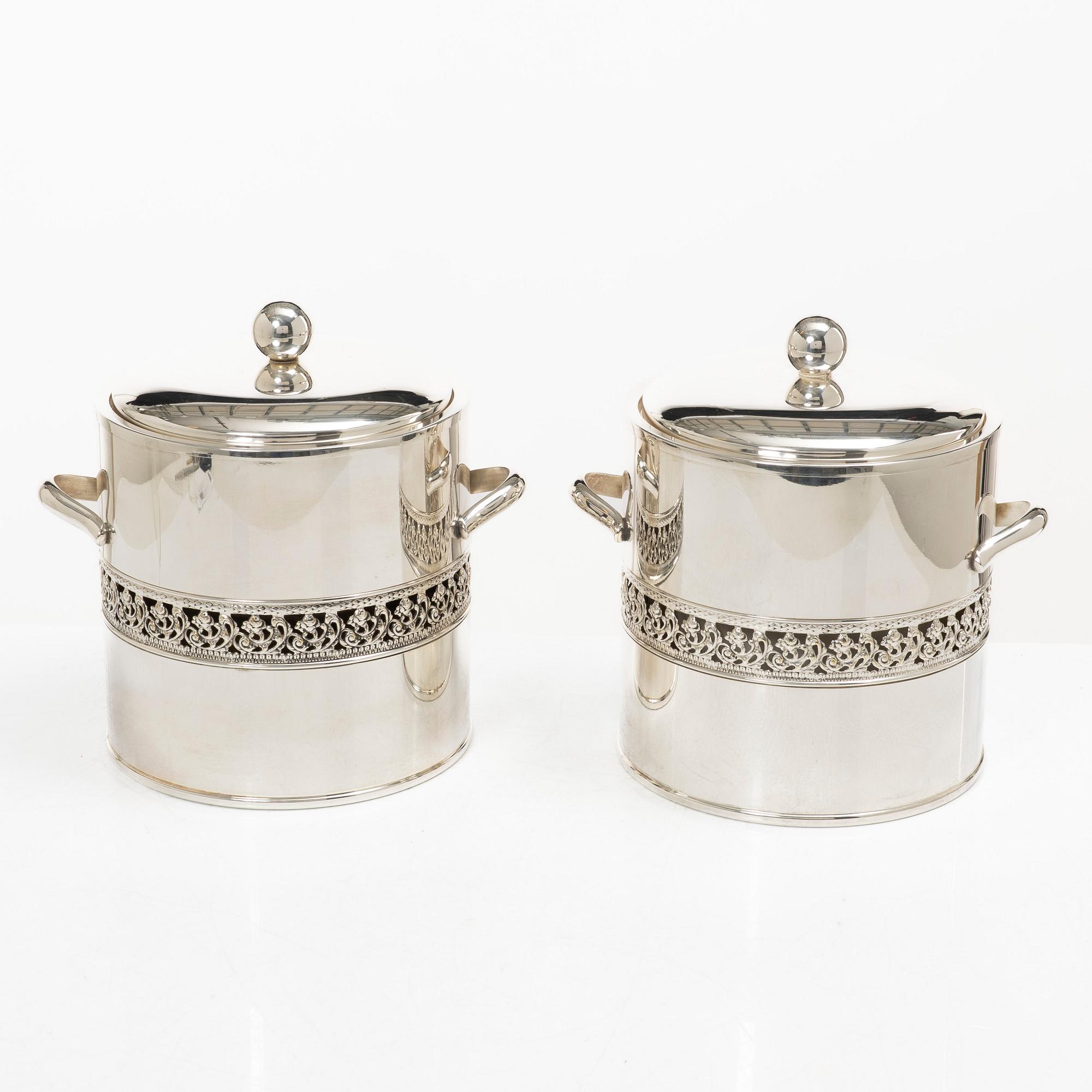 Ice buckets with lids, a pair, silver-plated, Mazzucconi Firenze, Italy.