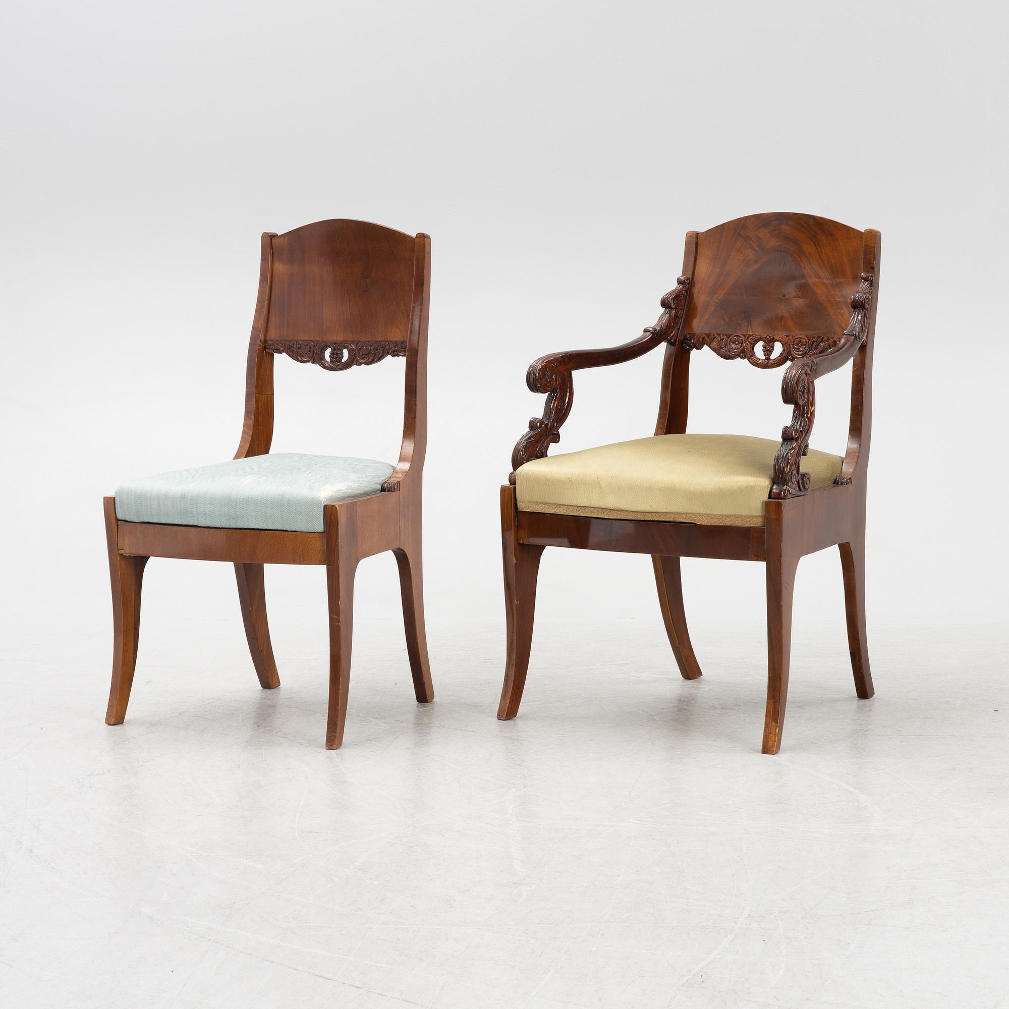 Stolar, 4 st samt ett par karmstolar, Ryssland/Baltikum, 1800-talets mitt, Empire.