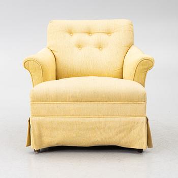 Armchair, mid-20th century, upholstered in the textile “Vägen” by Firma Svenskt Tenn.