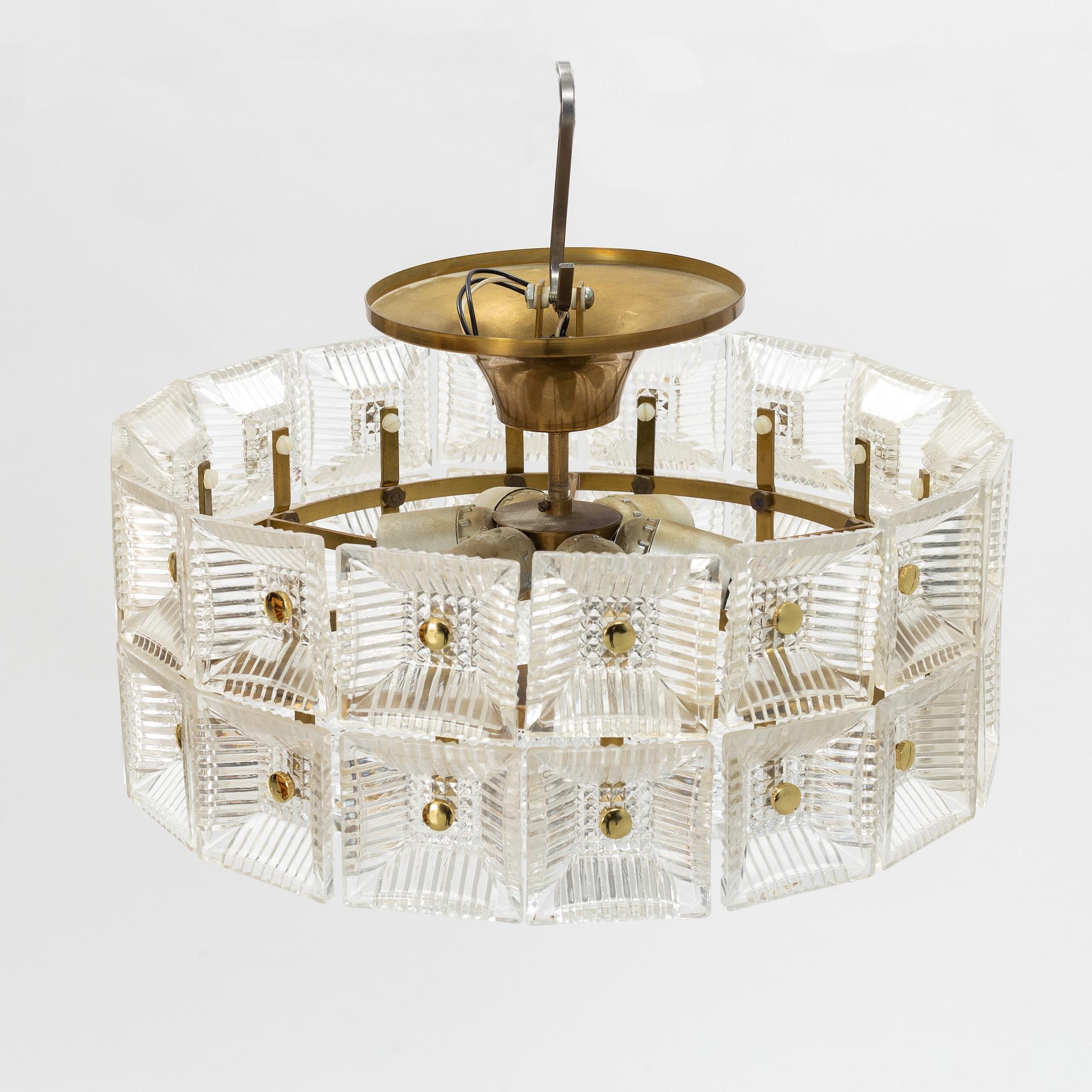 Carl Fagerlund, a glass and brass ceiling light, Orrefors, 1960'/70's.