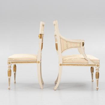 A pair of chairs and an armchair, late Gustavian style, early 20th century.