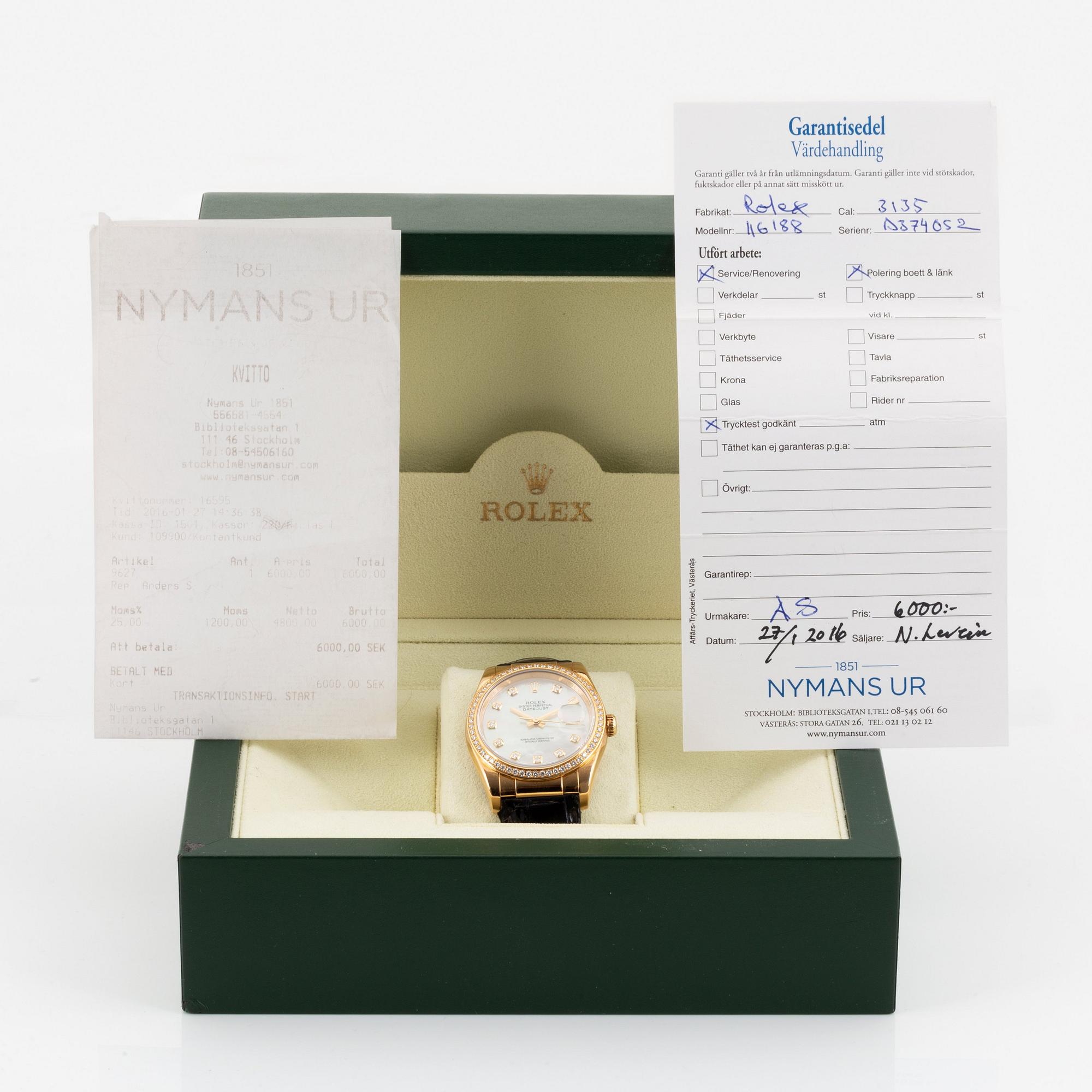 Rolex, Oyster Perpetual, Datejust, "Mother of Pearl Diamond Dial", wristwatch, 36 mm.