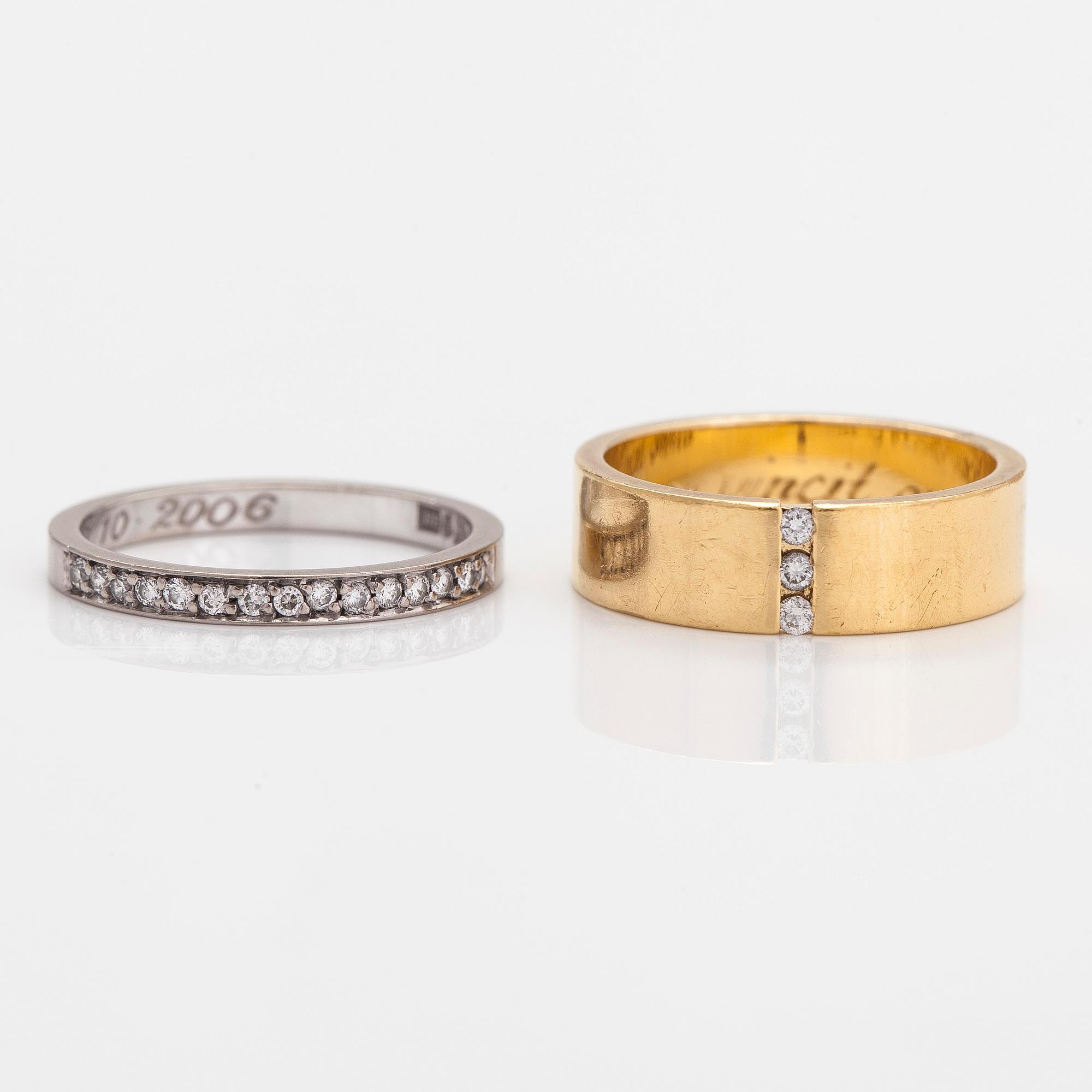 Engelbert, ringar, 2st, 18K guld och vitguld med briljantslipade diamanter, Stockholm, 2006.