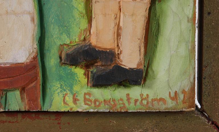RELIEFER, 2 st, trä, sign "C E Borgström" o dat "42".