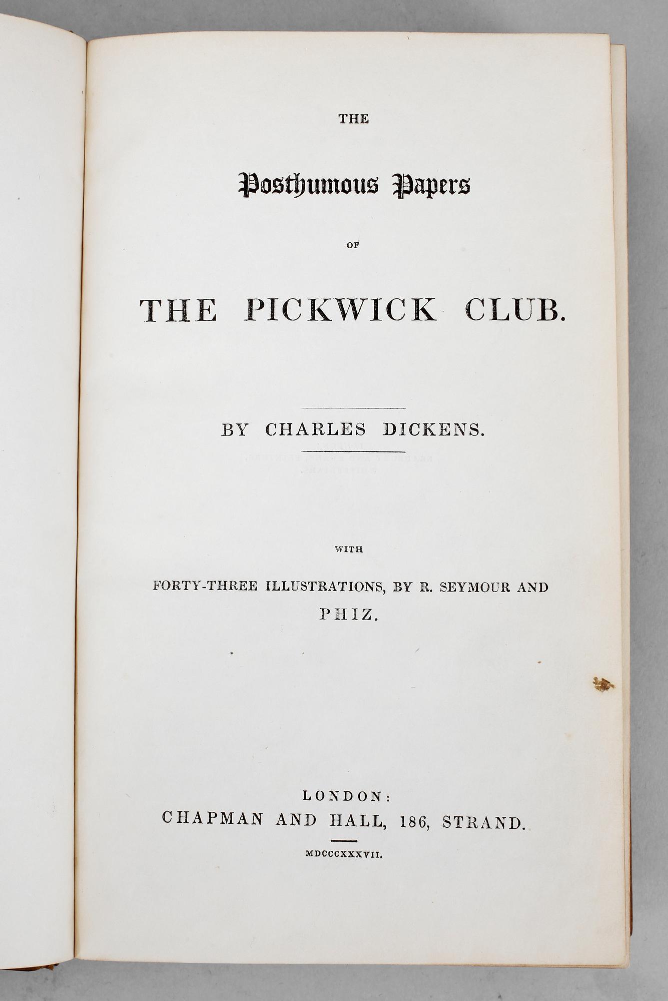 BOK, "The Pickwick Papers" av Charles Dickens, Chapman and Hall, första upplagan London 1837.
