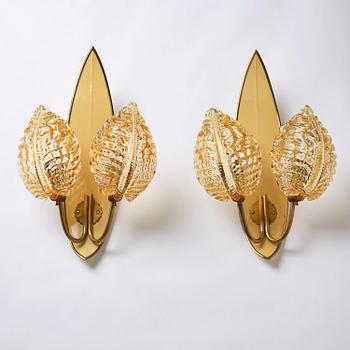Bertil Brisborg & Fritz Kurz, a pair of wall lamps, Orrefors & Nordiska Kompaniet, 1950s.