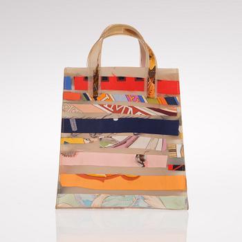 A PLASTIC AND SILK TOTE BAG.