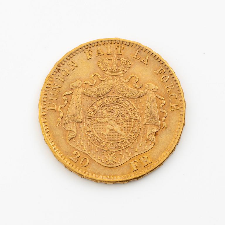 Gold coin, Belgium, Leopold II, 20 Franc, 1874.