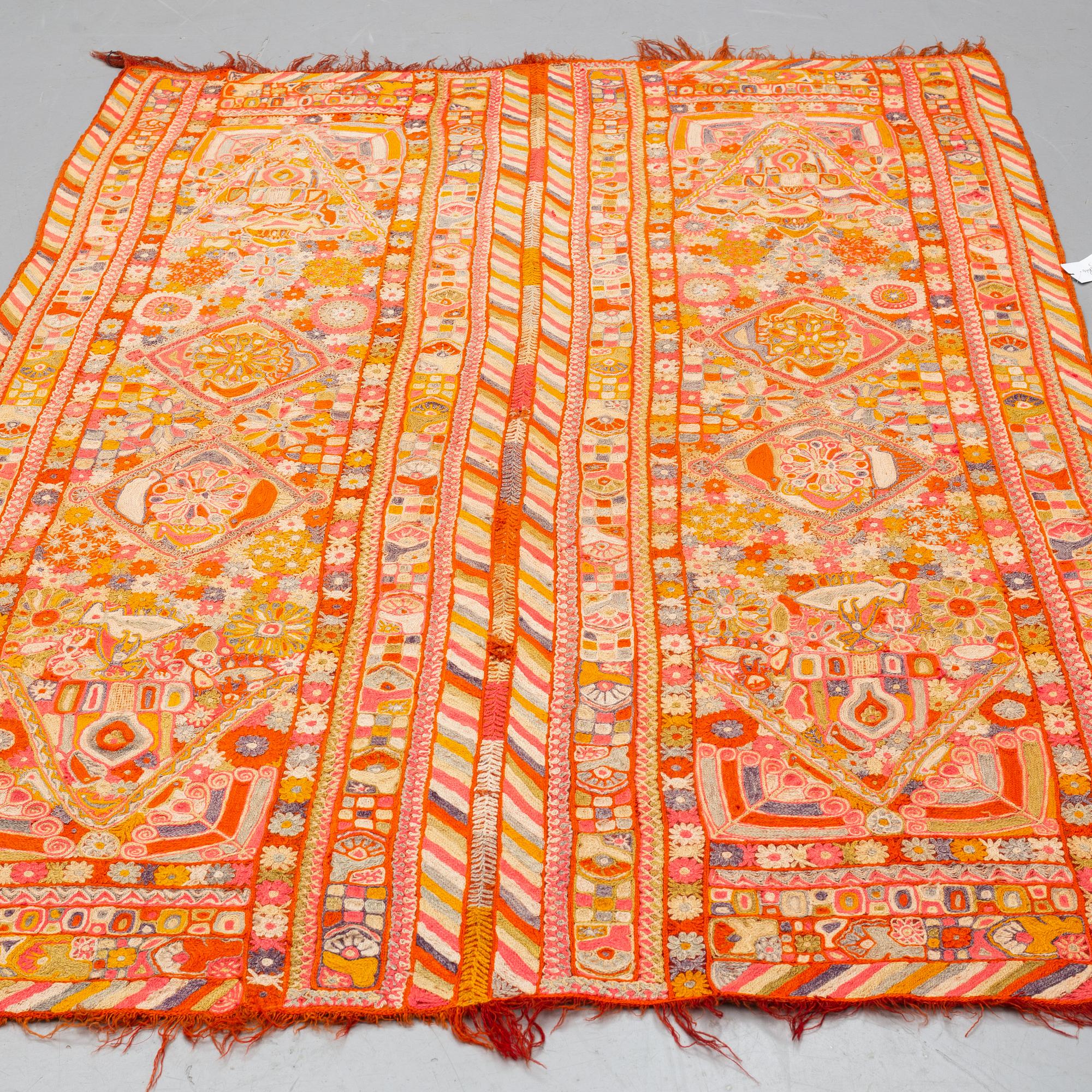A semi-antique embroidered textile by the Marsh Arabs/nomads in Iraq, ca 232 x 164 cm.