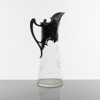 decanter / jug, glass and pewter, Art Nouveau, early 1900's.