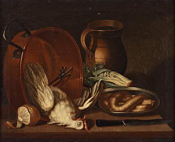 534. Lars Henning Boman, Still life with a hen, sausage, vegetables and utensils.