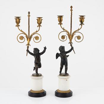 Kandelabrar, ett par för två ljus, Louis XVI-stil, 1800-tal.