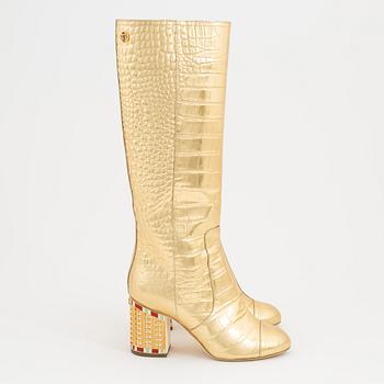 Chanel, a pair of Crocodile Embossed Metallic Calfskin Gold High Boots, size 37C.