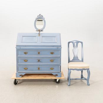 Writing desk as well as a wall-mounted lamp and chair, 18th-century model, KA Roos, Helsingborg, later part of the 20th century.
