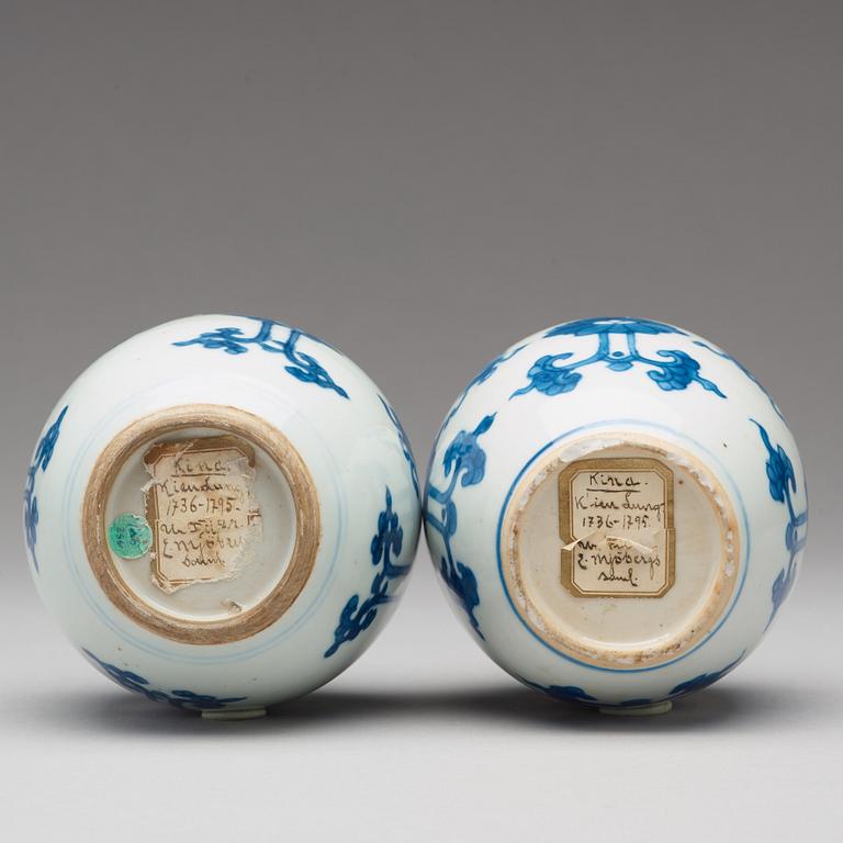 TEDOSOR, två stycken, porslin. Qingdynastin, Kangxi (1662-1722).