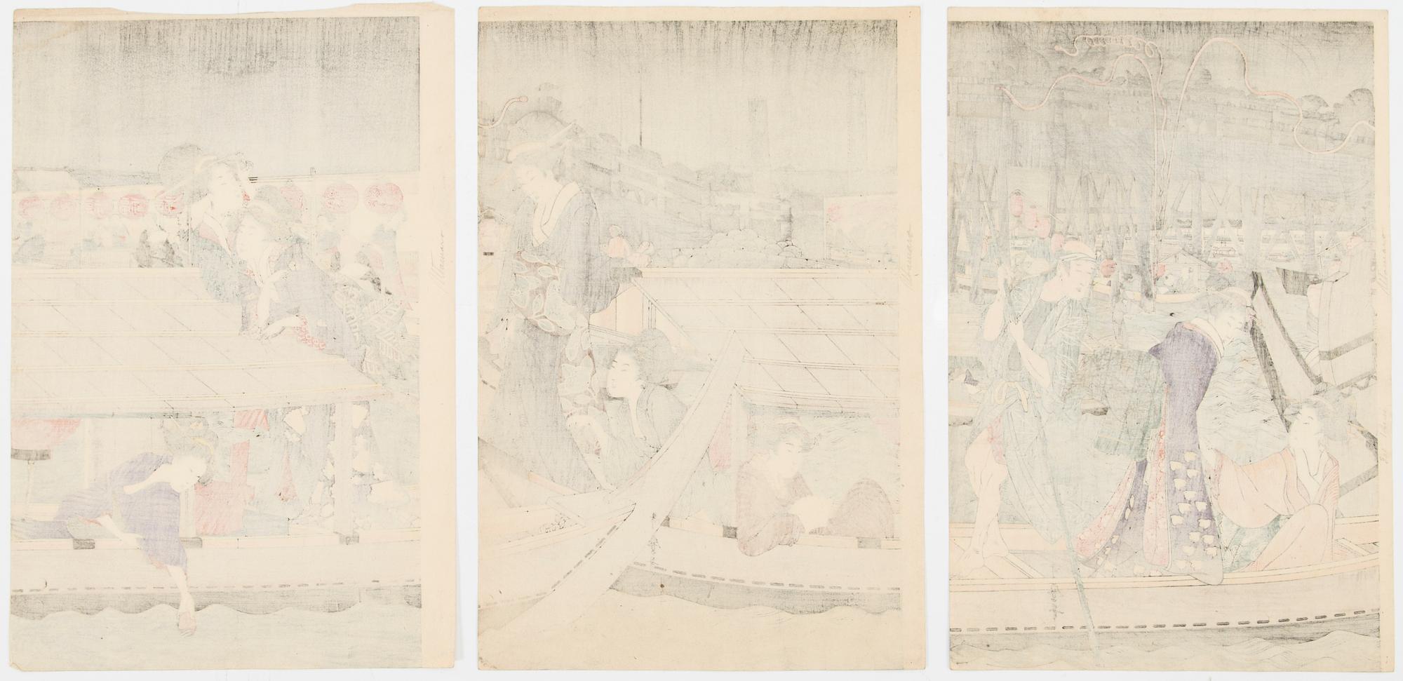 JAPANILAINEN PUUPIIRROS, triptyykki, myöhempi painos, 1900-luvun ensimmäinen puolisko, sekä kolme painotyötä.