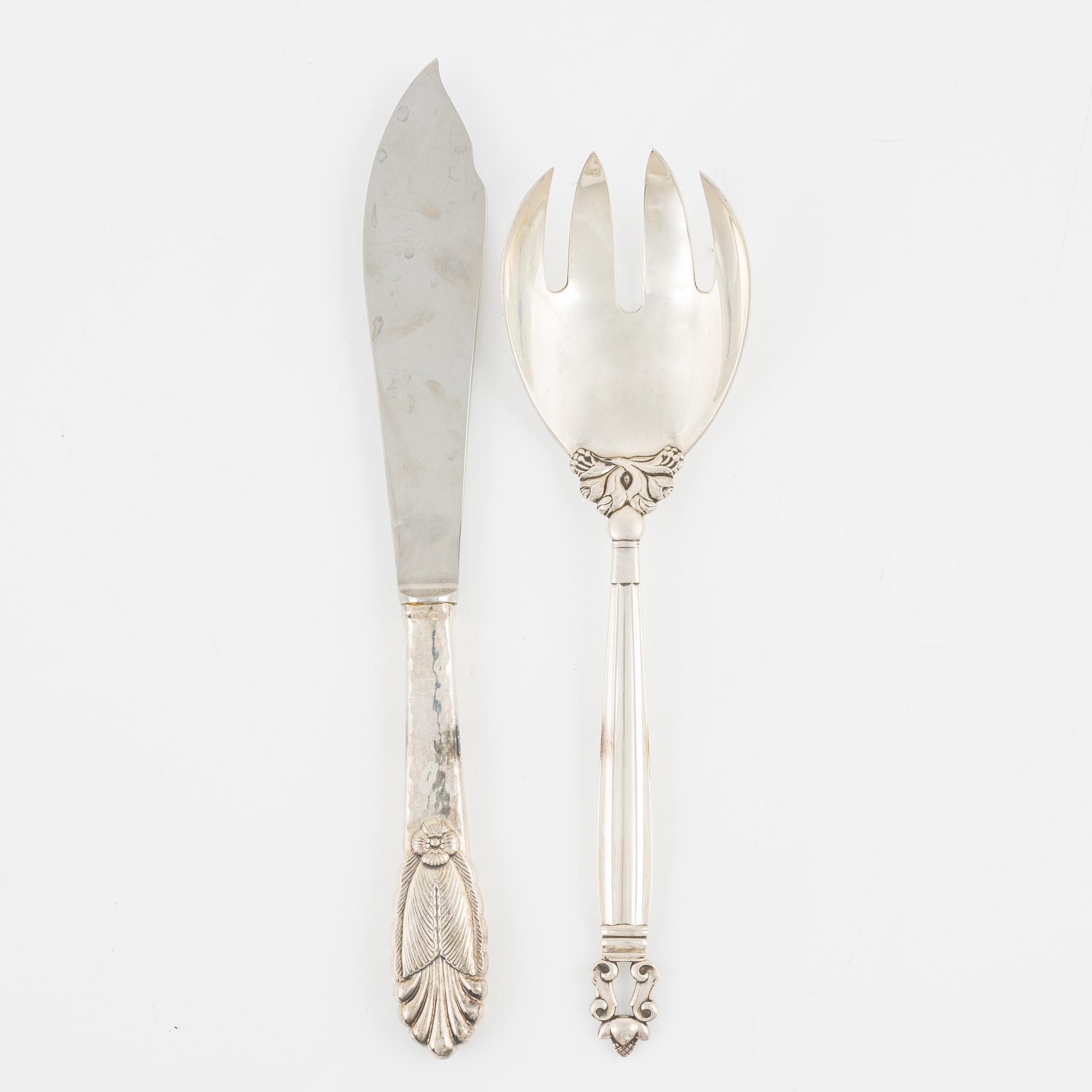 A Georg Jensen serving fork, "Acorn",  and a cake knife, sterling silver, Denmark.