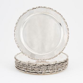 Juventino Lopez Reyes, a set of 12 Rococo style sterling silver dishes, Mexico, 20th Century.