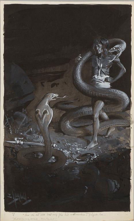 DAVID LJUNGDAHL, illustrationer, 8 st, tusch och täckvitt, signerade D. Ljungdahl. "Den andra djungelboken".