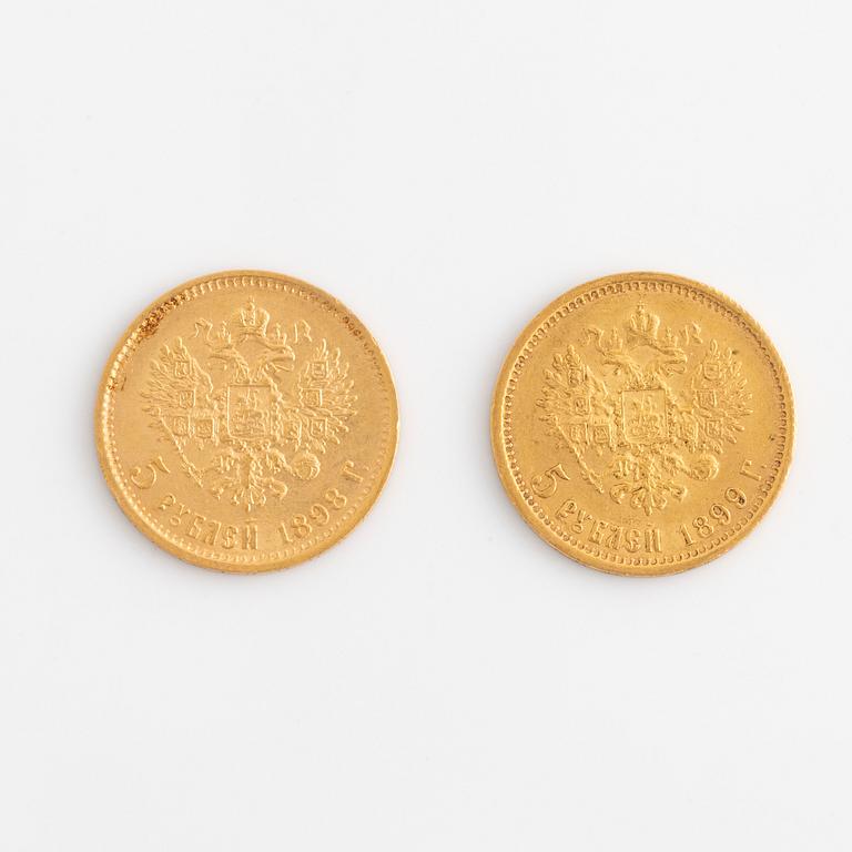 Two russian goldcoins 5 Rubles, 1898 & 1899.