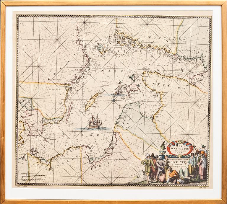 KARTA, handkolorerat grafiskt blad. "Mare Balticum".