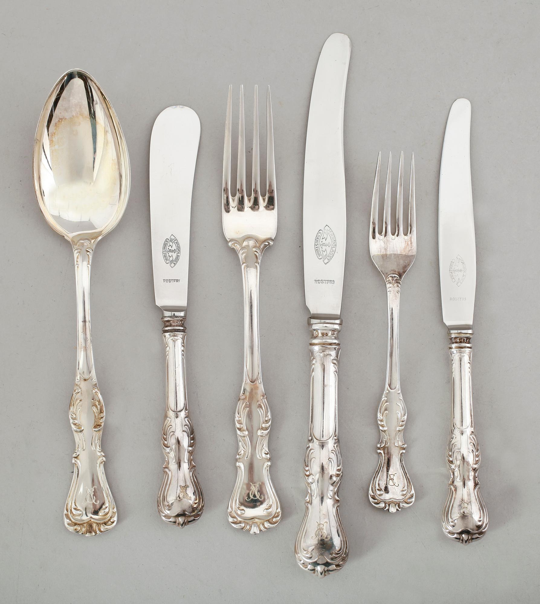 BESTICK, 58 delar, silver, "Prins Albert", CG Hallberg, Stockholm 1940-tal. Vikt med stålblad ca 2885 gram.