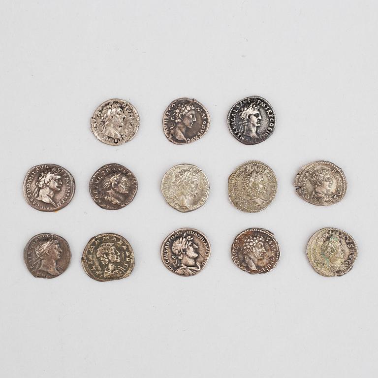 Antika mynt, 19 st romerska brons- och billonmynt från kejsardömet + diverse silver-och bronsmynt främst svenska c 65 st.