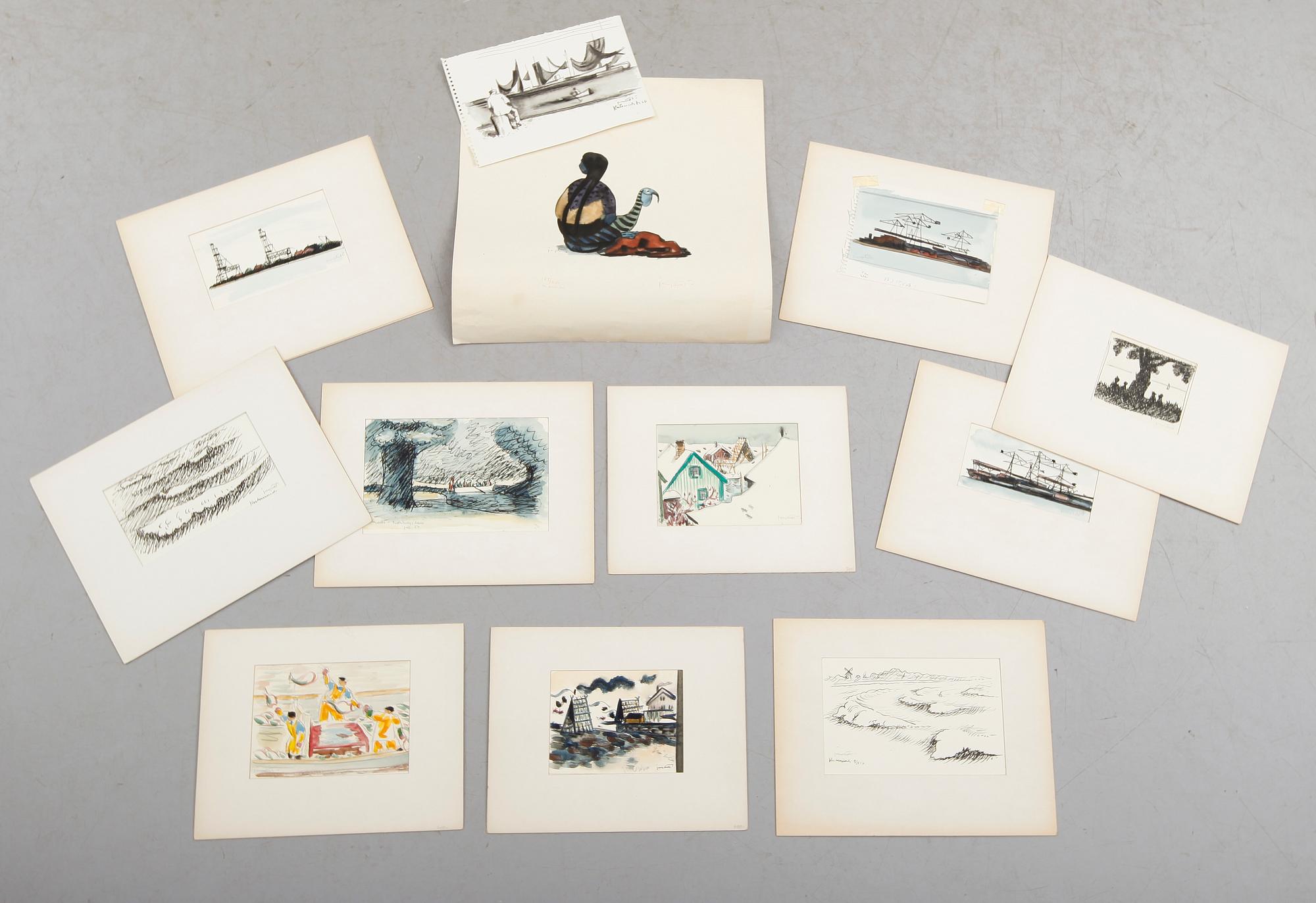 KURT JUNGSTEDT, 11 st, akvareller och tusch samt FÄRGLITOGRAFI, signerade, 1950/60-tal.