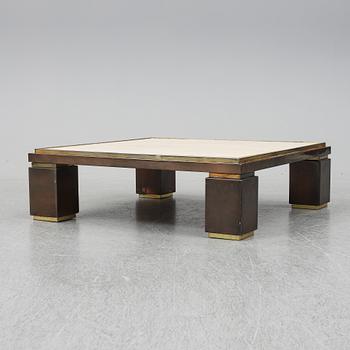 A travetine and brass sofa table, 1970s, probably Belgo Chrome.