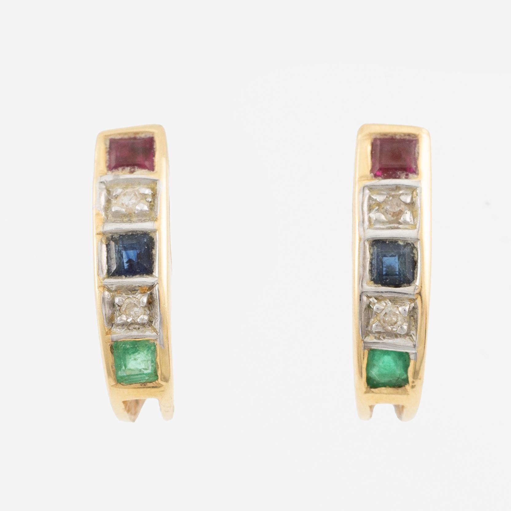 Ring, and a pair of earrings, 18K gold set with small rubies, emeralds, sapphires, and diamonds.