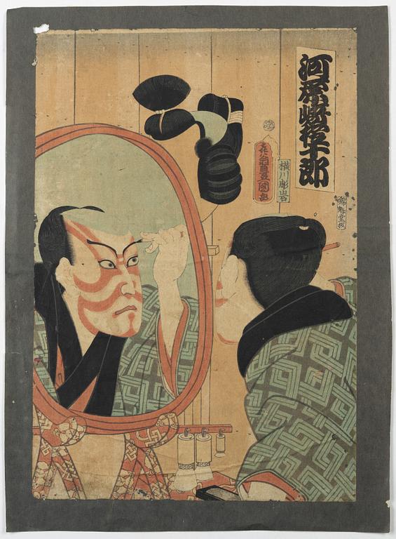 A group of six Japanese woodblock prints, including works by Utagawa Kunisada.