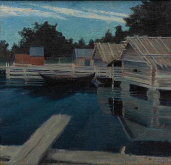 Gustaf Fjaestad, Twilight by the Boathouses.