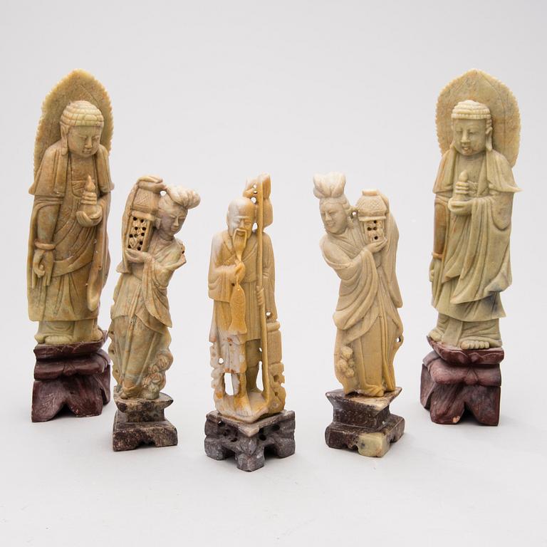 Five 20th Century Chinese soapstone figurines.