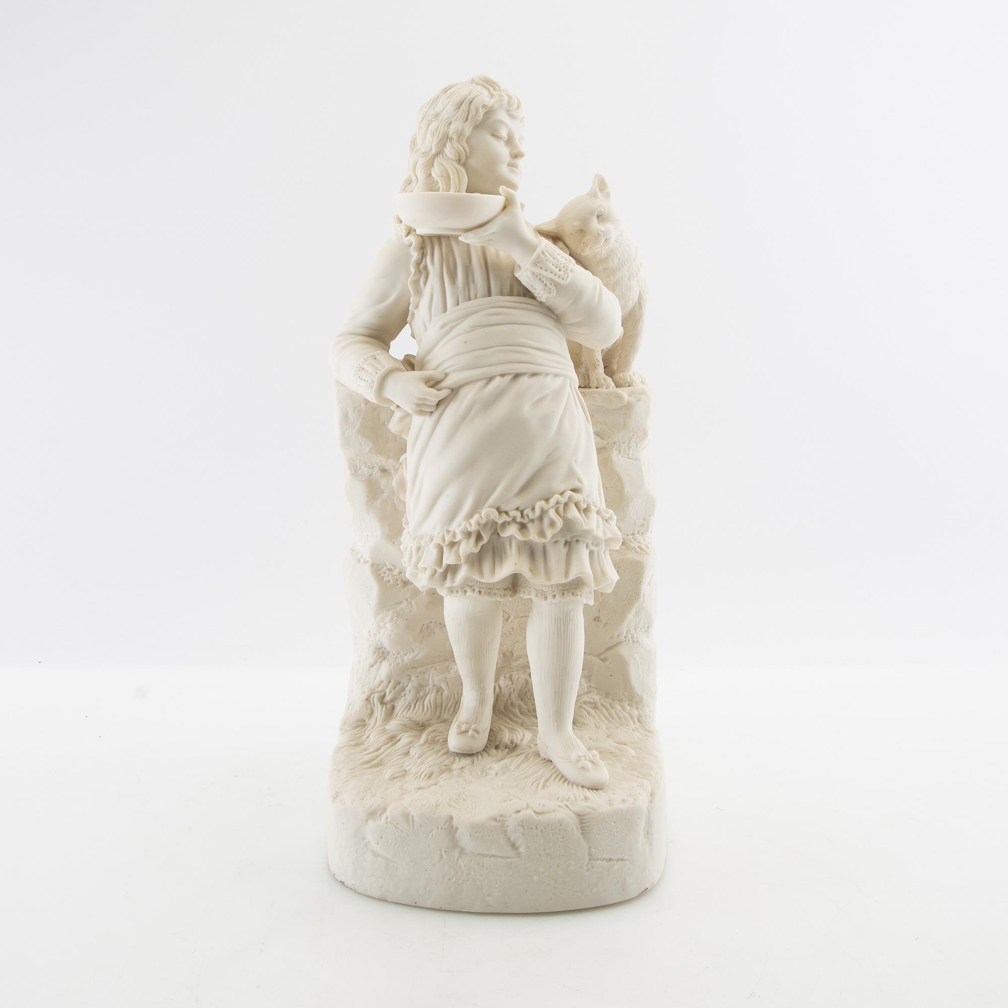 Dekorativ skulptur Flicka med katt biskvi 1900-tal.