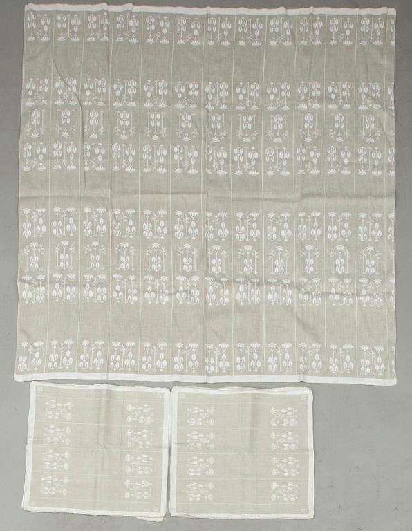 BORDDUK samt SERVETTER, 6 st, halvlinnedamast, "Örtagård" Tampella Dora Jung, 1900-talets senare hälft.