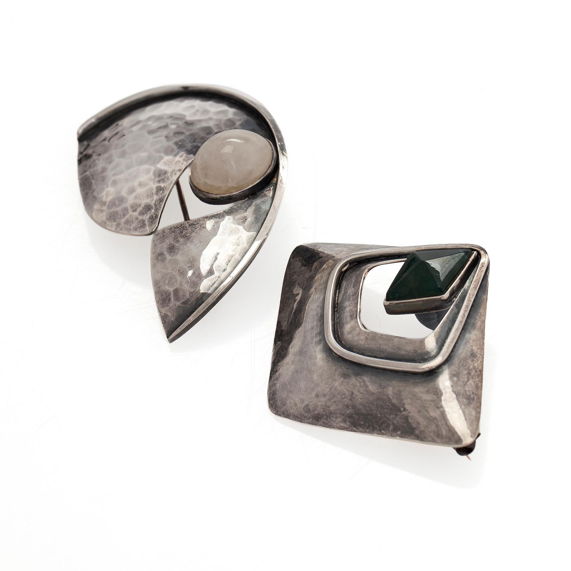 Brooches, 2 pcs, silver, moss agate, quartz, Tillander, 1962.