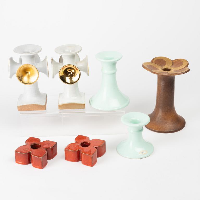 Lisa Larson, two pairs of stoneware candlesticks and three candlesticks, mostly Gustavsberg.