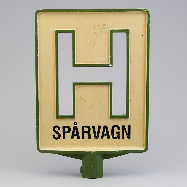 An aluminium tram stop sign, mid 20th Century.