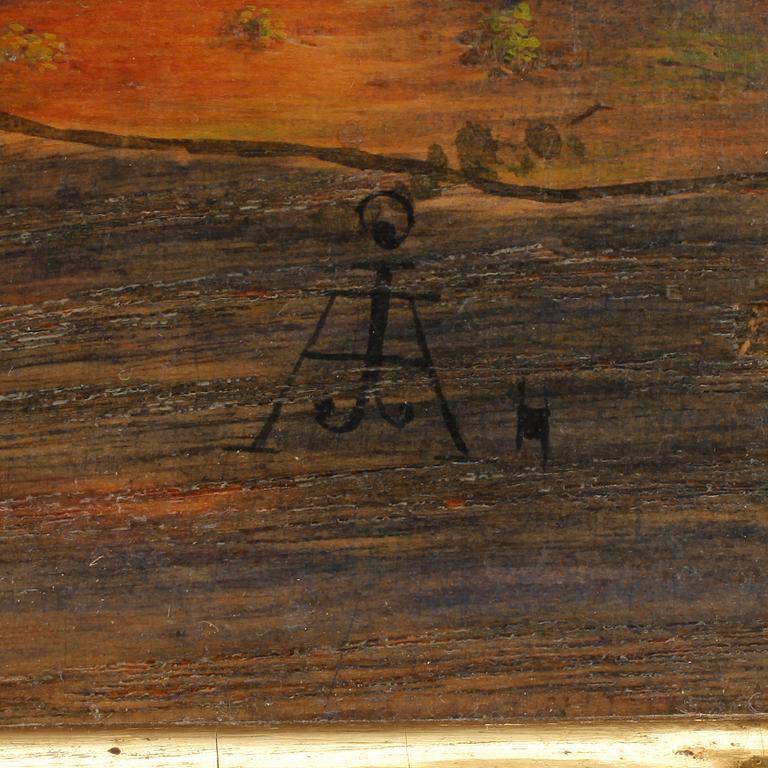 JOHANN ADELHARD, blandteknik med intarsia. Monogramsignerad.