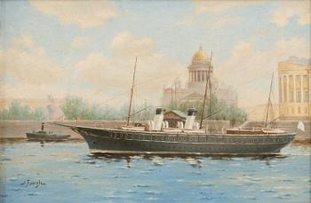 THE IMPERIAL YACHT SHTANDART ON THE RIVER NEVA NEAR SENATSKAYA SQUARE.