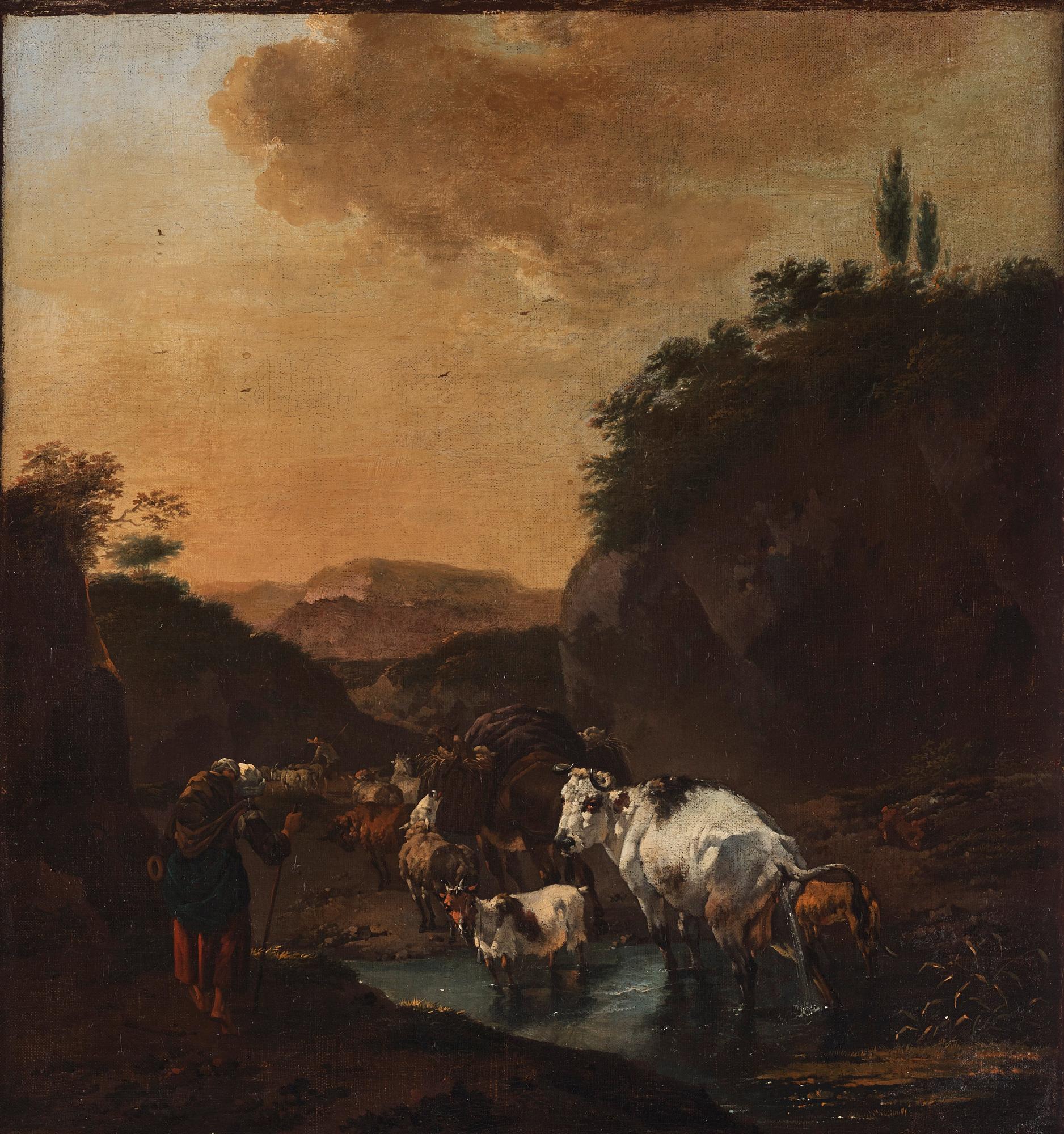 Jan Frans Soolmaker, Shepherd with Sheep, Cows and Goats in a Landscape.